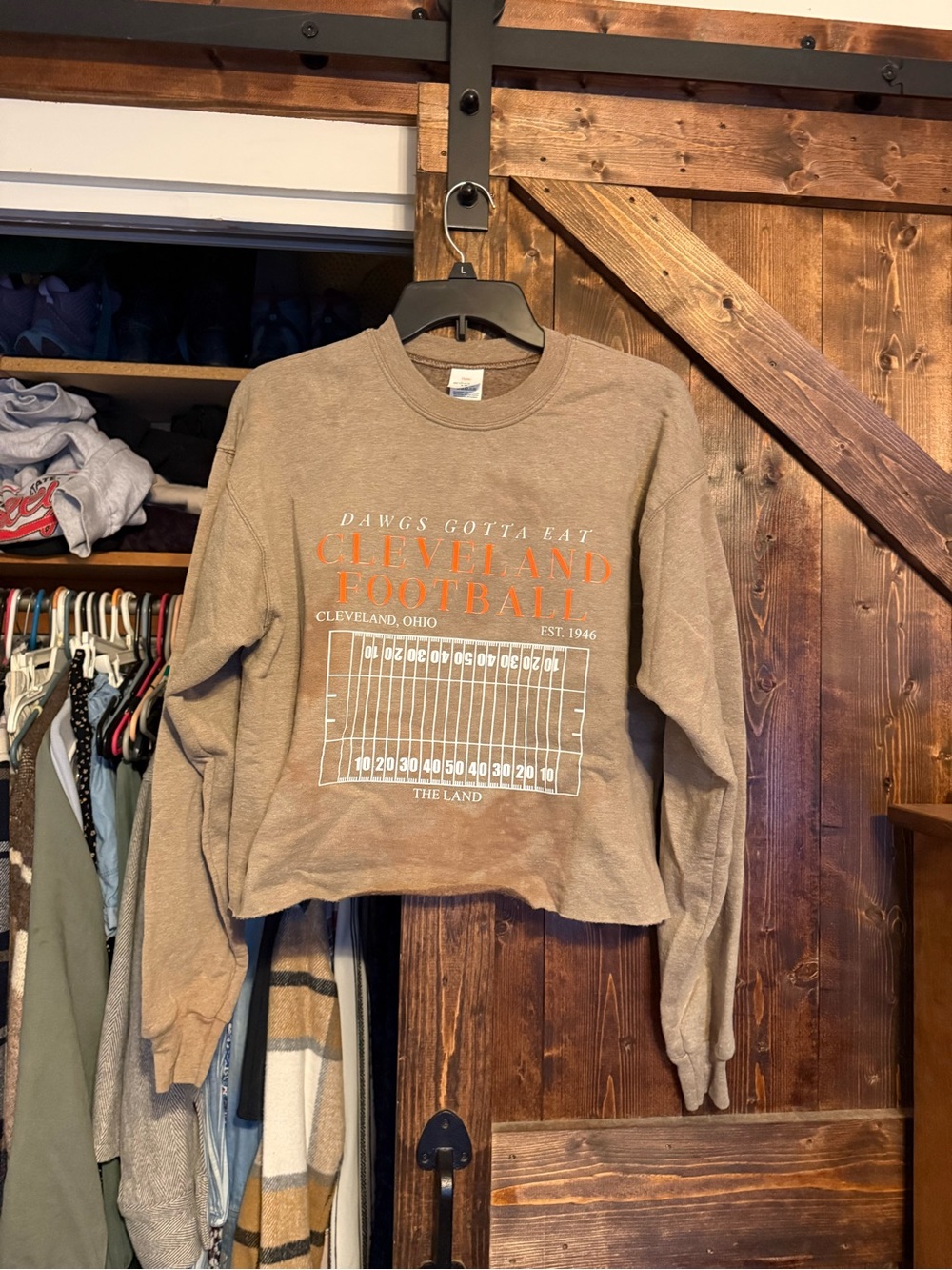 Cleveland Football 'Dawgs Gotta Eat' Brown Graphic  Crop Sweatshirt